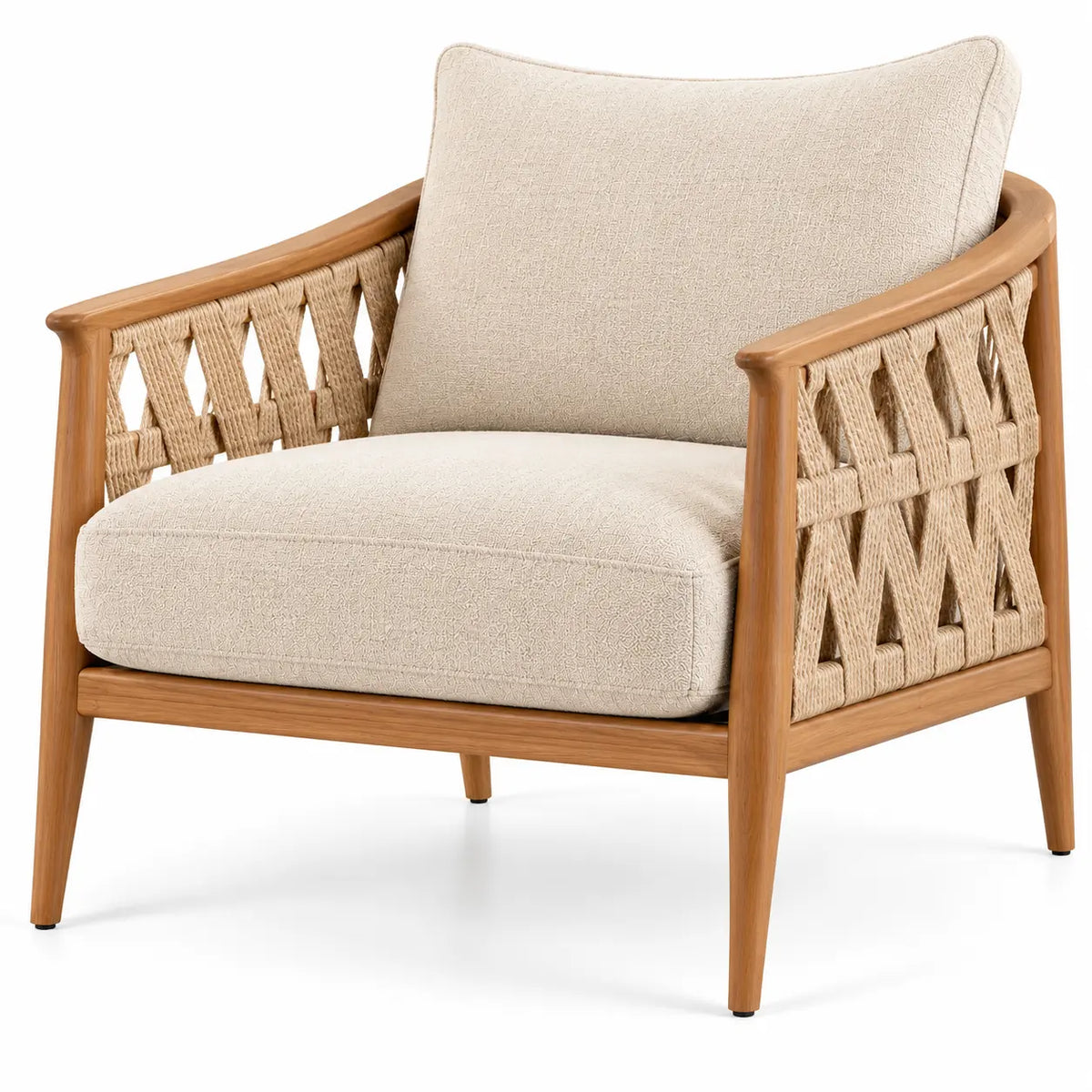 Poltrona, braccioli a intreccio aperto e cuscini, marrone/beige