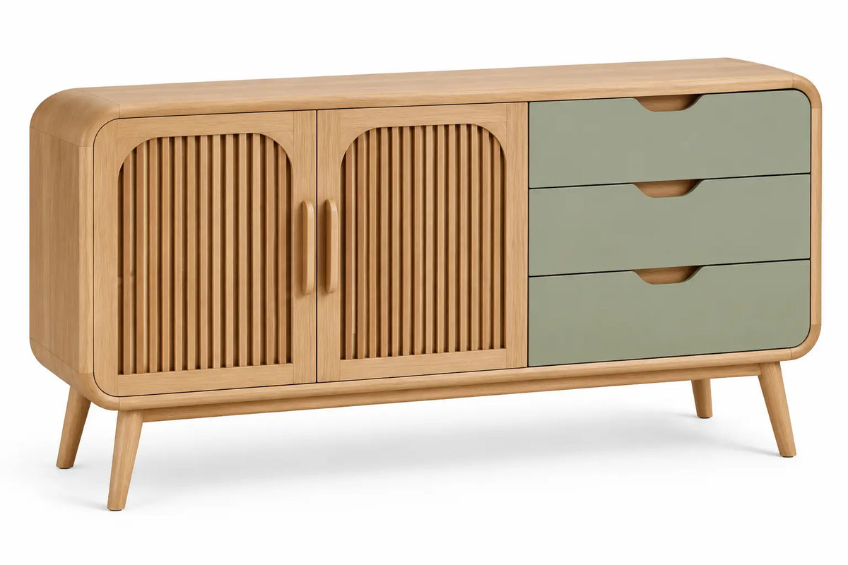 Credenza, ante scanalate ad arco e cassetti laterali, marrone/verde