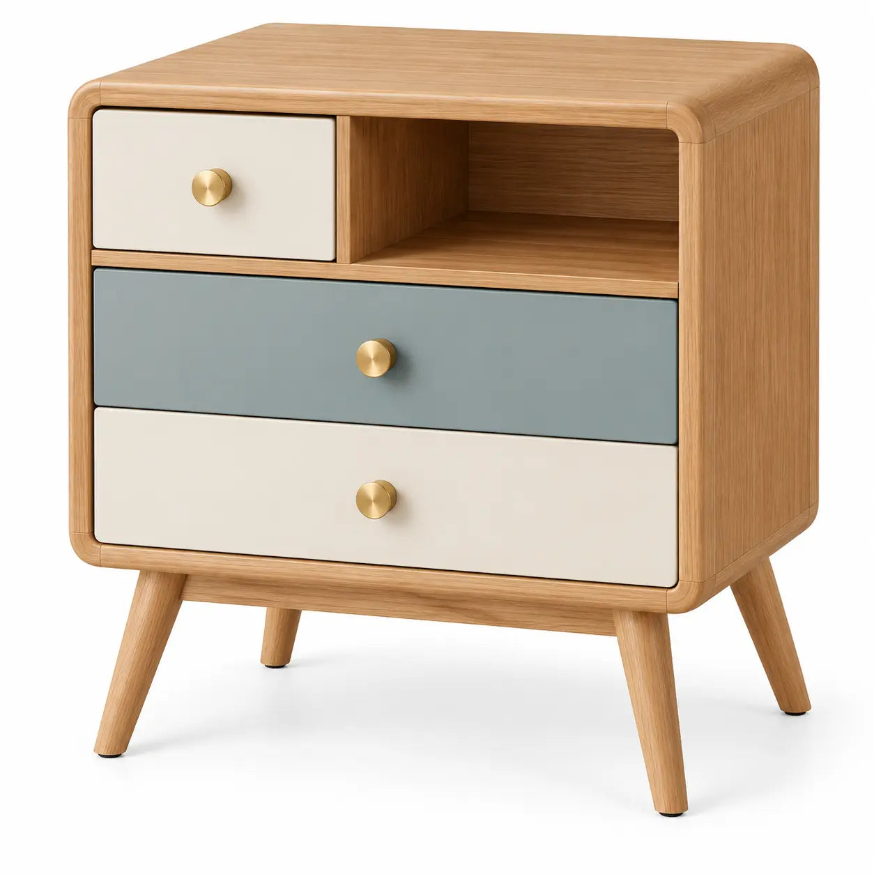 Cassettiera, cassetti a contrasto e vano superiore, marrone/beige/blu