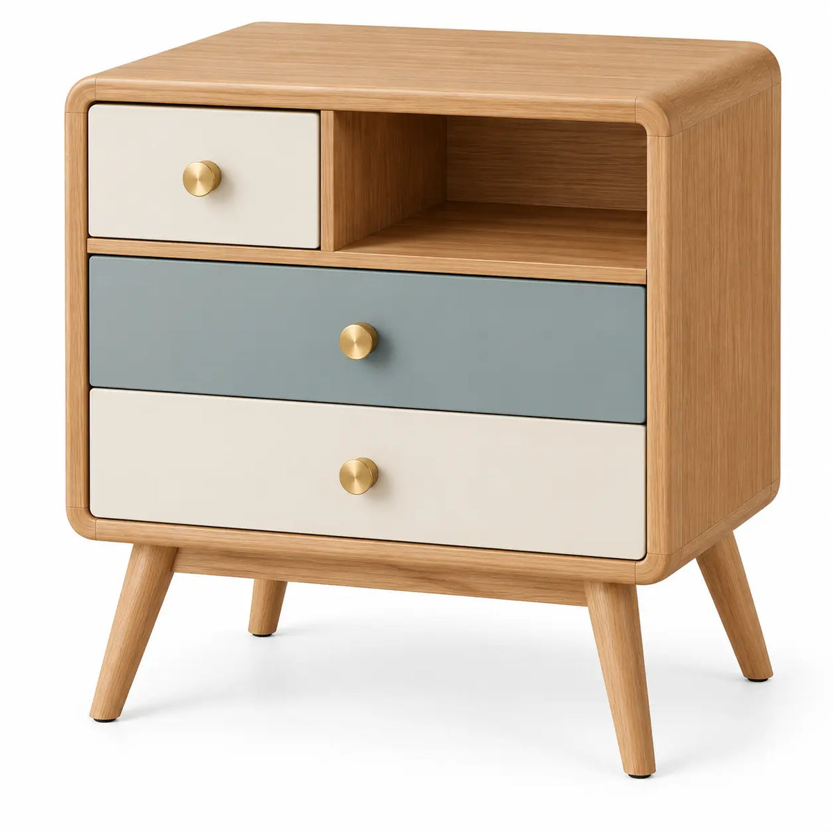 Cassettiera, cassetti a contrasto e vano superiore, marrone/beige/blu