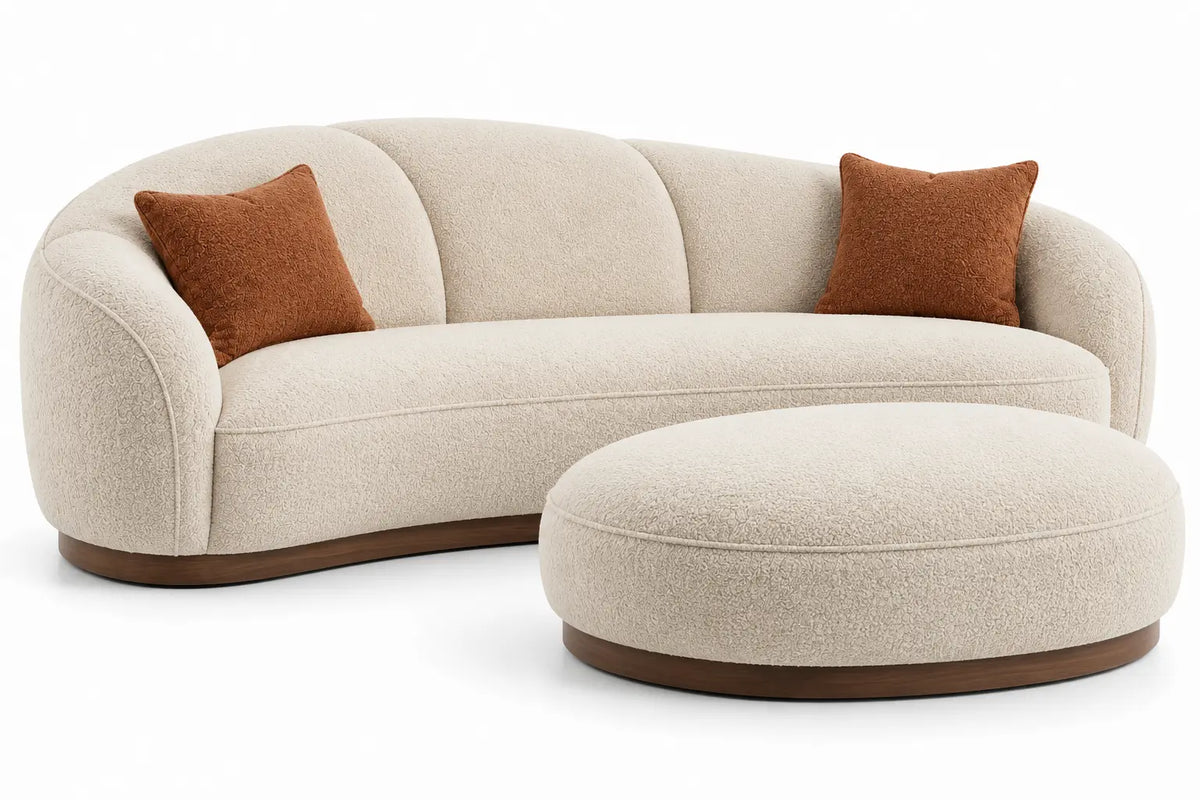 Divano con poggiapiedi, divano curvo e poggiapiedi rotondo, beige/marrone