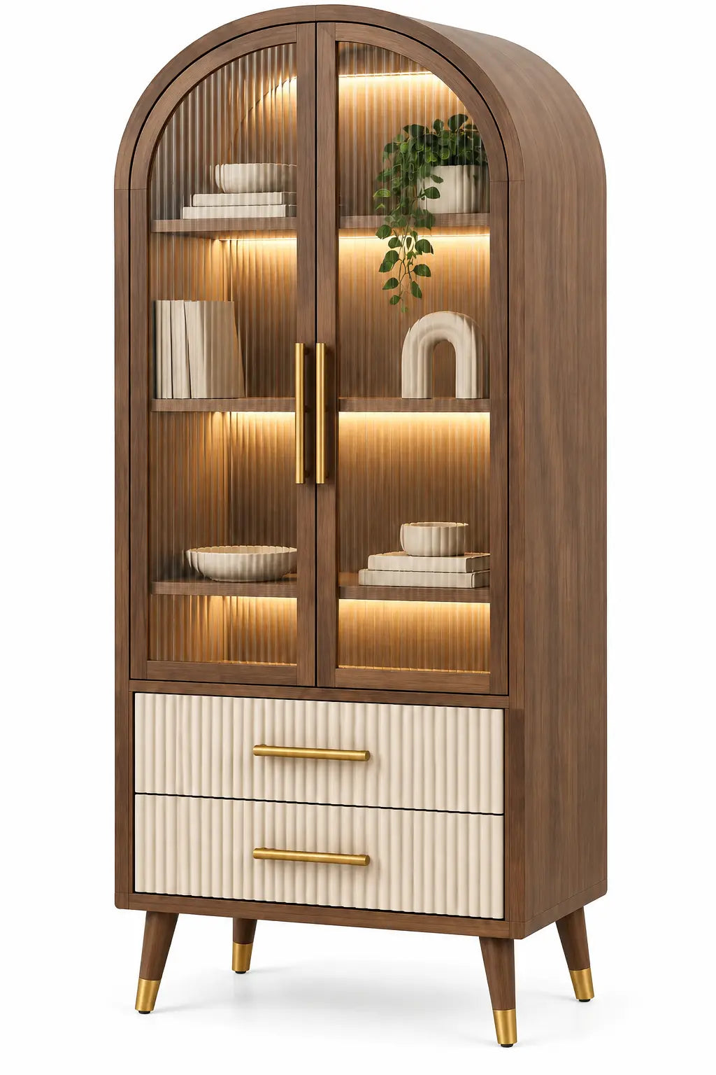 Vetrina, profilo arcuato e cassetti inferiori, marrone/beige