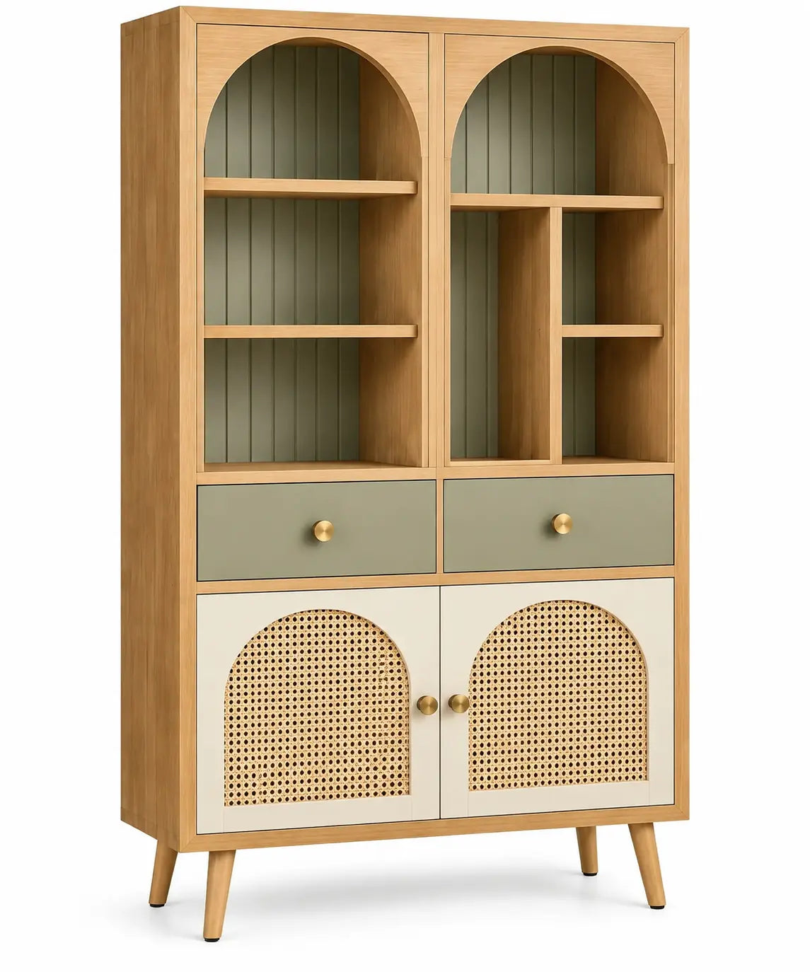 Libreria, due sezioni ad arco e ante intrecciate, marrone/verde/beige