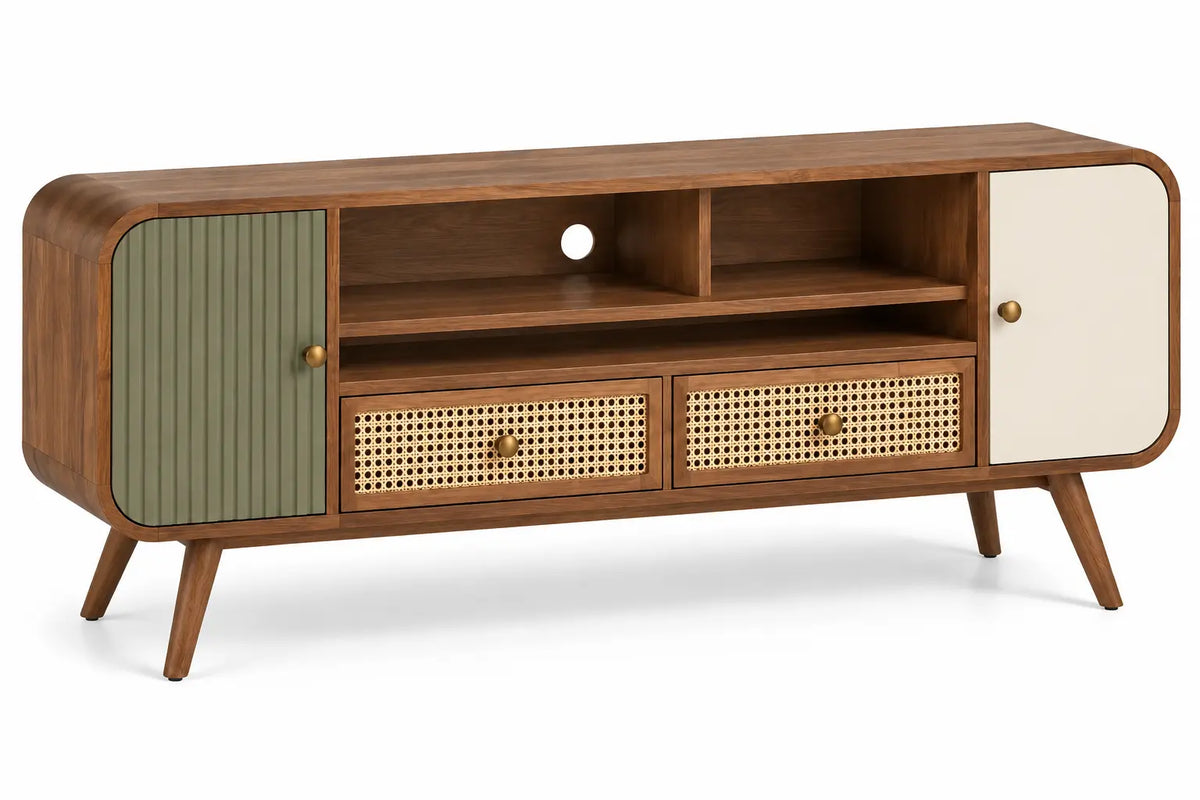 Mobile porta televisore, ante laterali e cassetti intrecciati, marrone/verde/beige