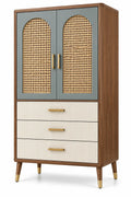 Armadio, ante intrecciate e tre cassetti inferiori, marrone/blu/beige