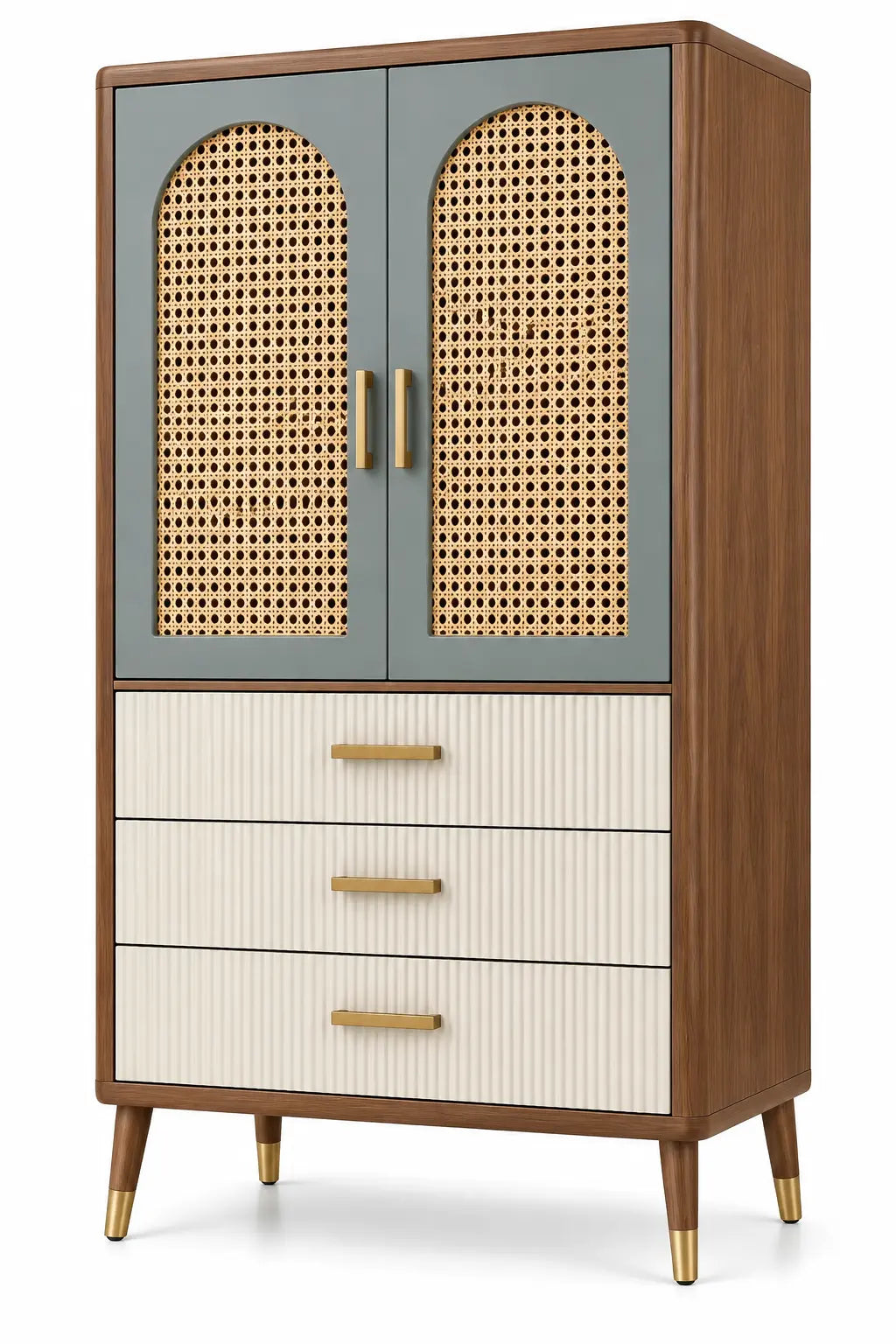 Armadio, ante intrecciate e tre cassetti inferiori, marrone/blu/beige