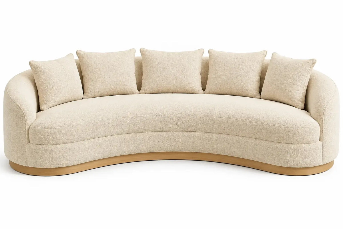 Divano, forma curva e cuscini squadrati, beige/marrone
