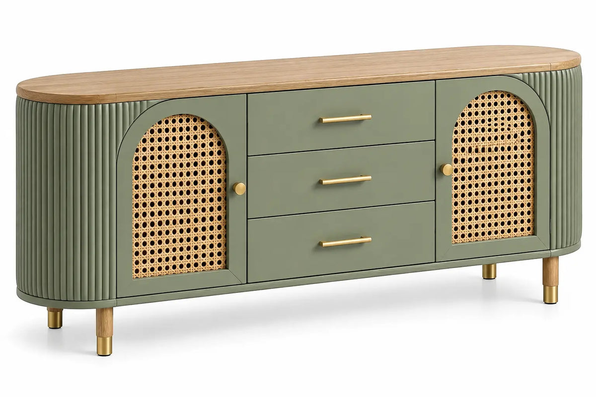 Credenza, ante intrecciate e tre cassetti centrali, verde/marrone