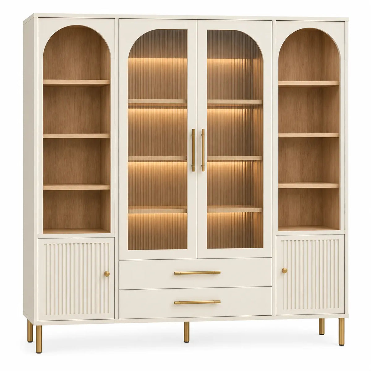 Vetrina, ante centrali vetrate e ripiani laterali, beige/marrone